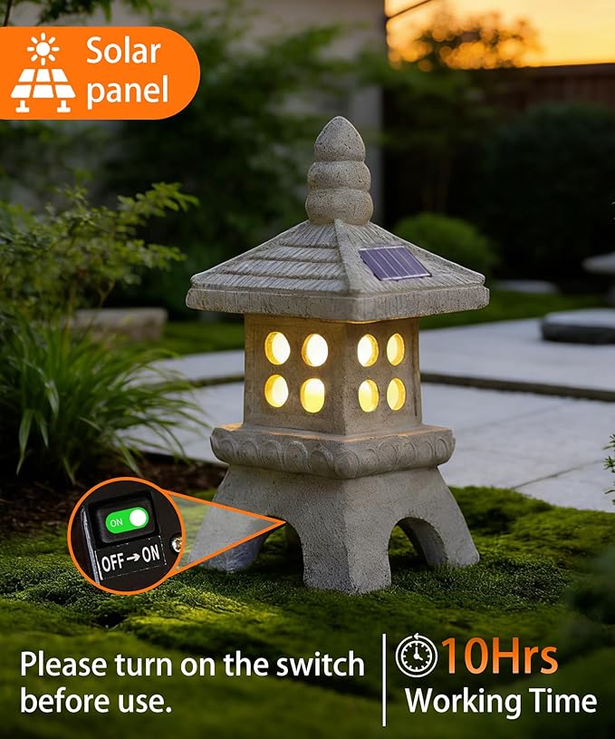 Nacome Solar Pagoda Garden Statues:11.5 inches Outdoor Waterproof Resin Zen Decor for Landscape Balcony Patio Porch Yard Ornament(Gray)