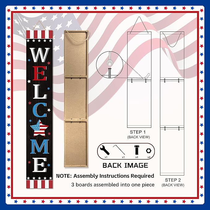 Patriotic 4th of July Independence Day Porch Sign Decor Memorial Day Wooden Hanging Sign Door Porch Standing Decorative Signs Plaques Front Door Farmhouse Outdoor Indoor Welcome Sign Wall Craft Decor 47.2"H
