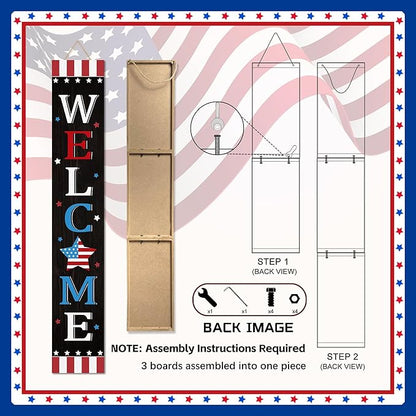 Patriotic 4th of July Independence Day Porch Sign Decor Memorial Day Wooden Hanging Sign Door Porch Standing Decorative Signs Plaques Front Door Farmhouse Outdoor Indoor Welcome Sign Wall Craft Decor 47.2"H