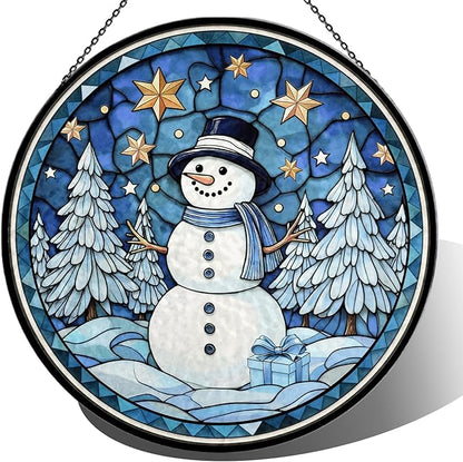 Christmas Snowman Stained Glass Window Hanging, 7.9" Snowman Sun Catcher Glass Panel with Chain, Xmas Snowmen Hand Painted Round Glass Gifts for Couples, Christmas Snowmen Housewarming Gift