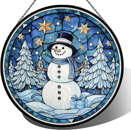Christmas Snowman Stained Glass Window Hanging, 7.9" Snowman Sun Catcher Glass Panel with Chain, Xmas Snowmen Hand Painted Round Glass Gifts for Couples, Christmas Snowmen Housewarming Gift