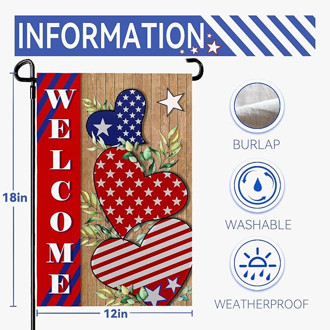 4th of july Garden Flag Patriotic Welcome Garden Flags for Outside American Independece Yard Flags 12 * 18 inch Double Sided Burlap Yard Decoration