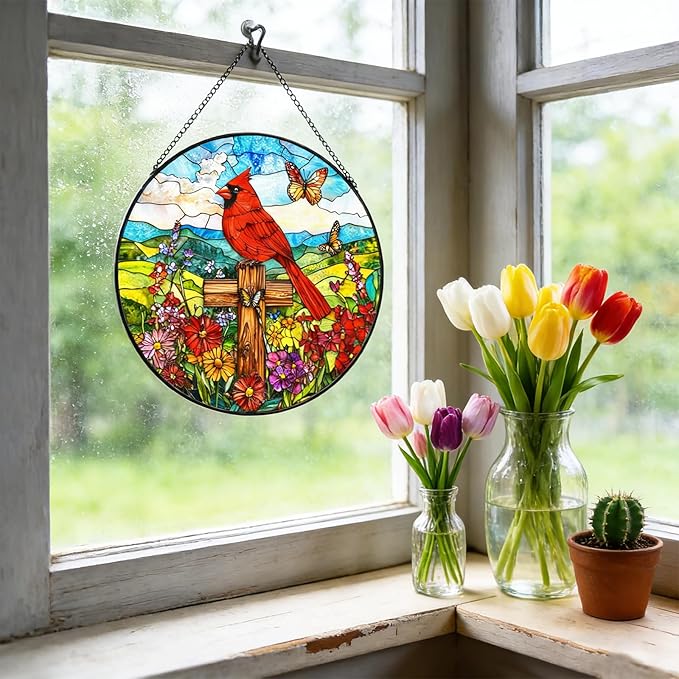 Cross Flower Suncatcher Stained Glass Window Hanging, Christian Wildflower Sunset Landscape Sun Catchers Indoor Window Glass Round Wall Decor, Religious Wall Art Hanging Decorations Statues