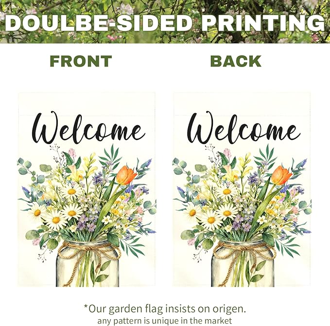 Spring Welcome Garden Flag Watercolor Wildflower Bouquet Mason Jar Floral Yard Flags Springtime Home Seasonal Bright Daisy Tulip Rustic Farmhouse House Banner Front Porch Outdoor 12×18 Inch