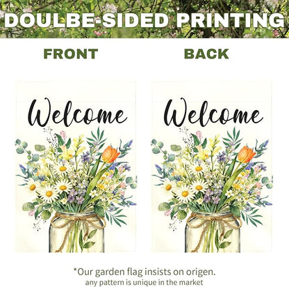 Spring Welcome Garden Flag Watercolor Wildflower Bouquet Mason Jar Floral Yard Flags Springtime Home Seasonal Bright Daisy Tulip Rustic Farmhouse House Banner Front Porch Outdoor 12×18 Inch