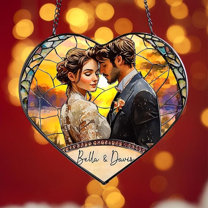 NAZENTI Custom Couple Photo Stained Glass Suncatcher - Gifts for Valentine Birthday Anniversary, Personalized Couples Portrait Window Hanging for Him Husband Wife, Couple Keepsake Heart