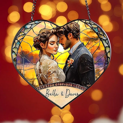 NAZENTI Custom Couple Photo Stained Glass Suncatcher - Gifts for Valentine Birthday Anniversary, Personalized Couples Portrait Window Hanging for Him Husband Wife, Couple Keepsake Heart