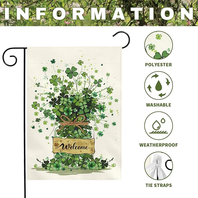 Spring Garden Flag 12x18 Inch Welcome Clover Design Double Sided Outdoor Yard Flags Seasonal Porch Patio Lawn Farmhouse House Banner Decorations for St Patricks Day and Everyday Home Décor