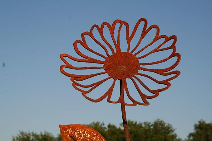 Metal Rustic and Colorful Flower Stakes Ranging from 9.5 to 36 Inches Tall (Daisy Stake 23" Tall, Naturally Rusted)
