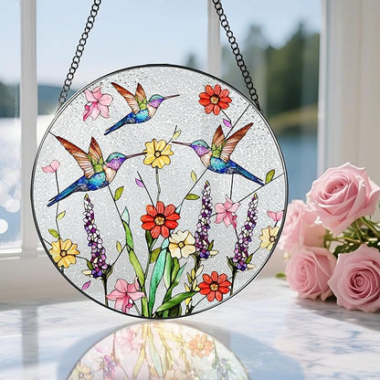 8 Inch Hummingbirds Stained Glass Suncatcher, Stained Glass Window Hanging, Window Hanging Decor, Hummingbird Sun Catcher, Gifts for Women Mom Grandma, Mother Day, Birthday, Christmas