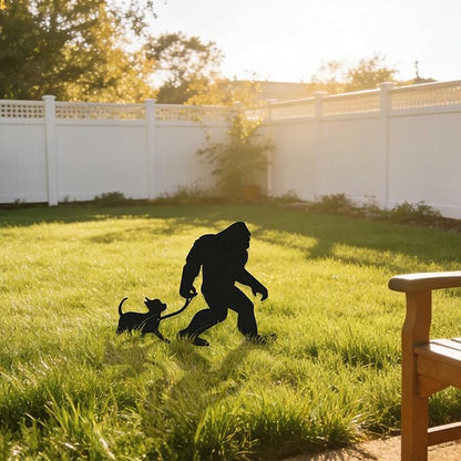 Bigfoot Garden Stake – Metal Sasquatch Statue Walking Chihuahua Dog on Leash – Funny Bigfoot Yard Decor, Outdoor Metal Yard Art, Sasquatch Sign for Garden & Lawn