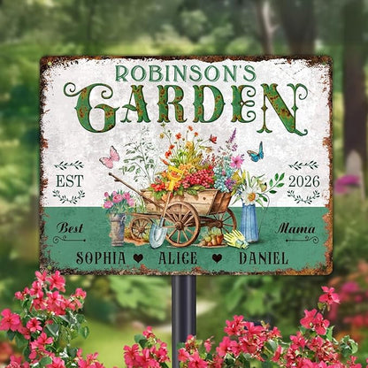 Custom Garden Signs Personalized Metal Tin Sign for Women, Retro Hummingbird Metal Sign for Outdoor, Patio, Yard Home Decor Gift for Mothers Day, Grandmas, and Gardening Lovers (For MOM 04)