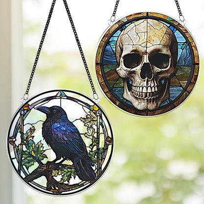 2 Halloween Raven Skull Acrylic Window Hanging 6" Ornaments, Art Gothic Decor for Home, Indoor, Garden, Housewarming, Gift for Mom, Grandma, Women, Friend SCB-A6-GT1