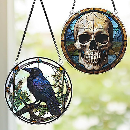 2 Halloween Raven Skull Acrylic Window Hanging 6" Ornaments, Art Gothic Decor for Home, Indoor, Garden, Housewarming, Gift for Mom, Grandma, Women, Friend SCB-A6-GT1
