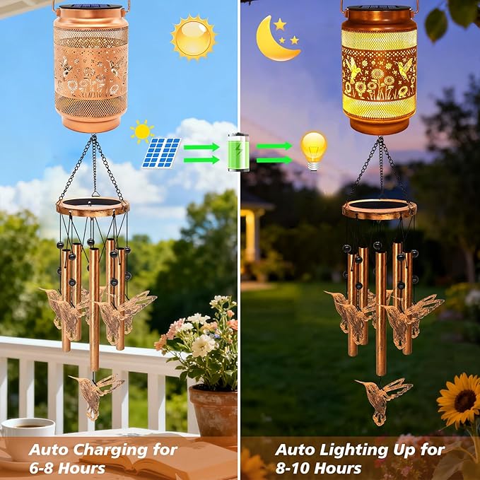 2 Pack Hummingbird Solar Wind Chimes for Outside, Gifts for Mothers Day Mom Women Grandma Birthday Memorial Teacher, 32" Windchimes Outdoor Decor Hanging Solar Lantern for Garden Porch Patio Backyard