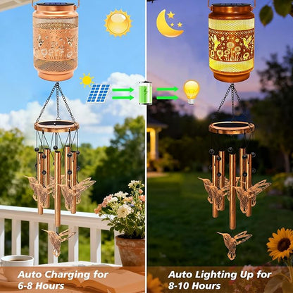 Hummingbird Solar Wind Chimes for Outside, Gifts for Mothers Day Mom Women Grandma Birthday Memorial Teacher, 32" Windchimes Outdoor Decor Hanging Solar Lantern for Garden Porch Patio Backyard