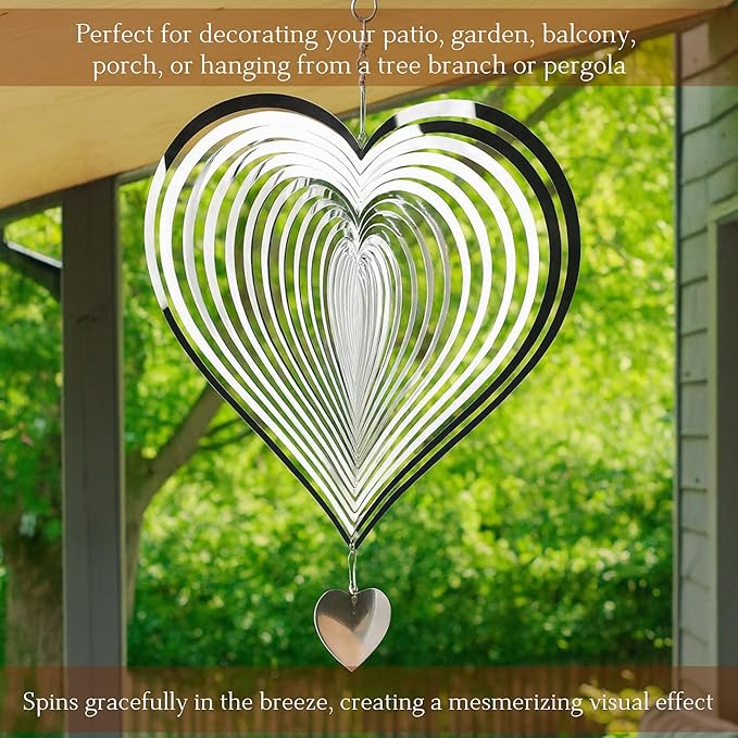 3D Stainless Steel Wind Spinner – 11.8" Hanging Garden Wind Spinner for Outdoor & Indoor Decor | Kinetic Metal Yard Art for Patio, Balcony, Porch or Living Room - Easy Installation (Heart)
