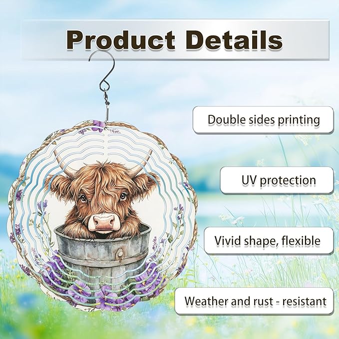 Highland Cow Wind Spinners Outdoor, Hanging Wind Spinner for Garden Decoration, 8 inch 3D Stainless Steel Metal Wind Sculpture for Indoor/Outdoor Decor