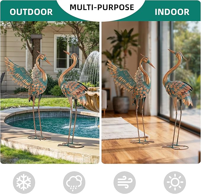 Extra-Large Metal Crane Statue, 36.8" Handcrafted Blue Heron Decor Sculptures with Stable U-Ground Stakes, Backyard Decoration, Metal Garden Bird Animal Yard Art, Lawn Ornament Decor