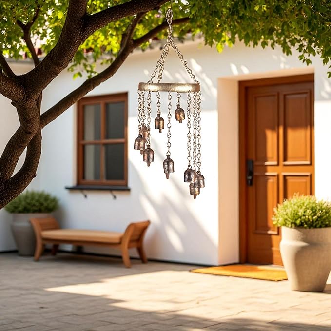 Rustic Wind Chimes for Outside – 18" Handmade Metal Hanging Bells – Garden Decor for Outside Yard Porch Patio – Outdoor Wind Chimes Bronze Finish – Boho Yard Decorations