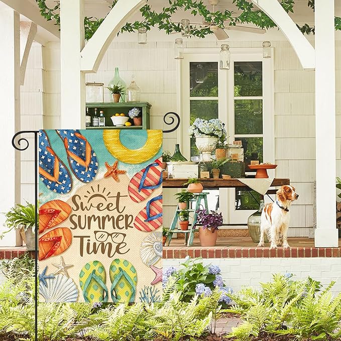 AVOIN colorlife Summer Beach Flip Flops Garden Flag 12x18 Inch Double Sided, Welcome Seasonal Coastal Burlap Yard Outdoor Decoration