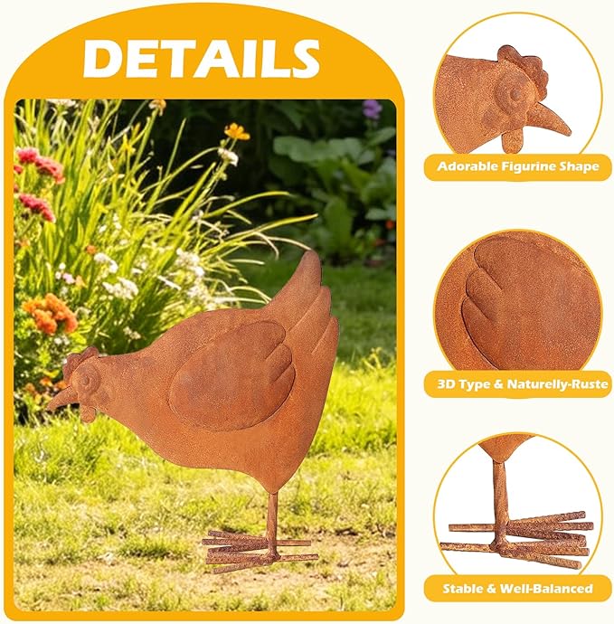 Rooster Garden Statue Decorations,Outdoor Sculpture Chicken Farm Animals Decoration,11.8" Rusty Chicken Decor for Patio Lawn Backyard Yard,Vintage Rustic Chicken Figurine Animal Ornaments