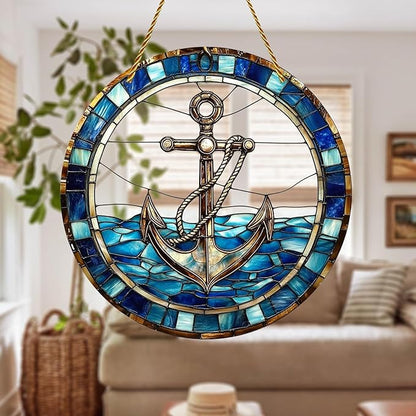 8x8 inch Charming Nautical Anchor Acrylic Stained Glass Window Hanging Sun Catcher Decor Stained Panel Hangings Wall Art Decor, for Friends and Family (Nautical)