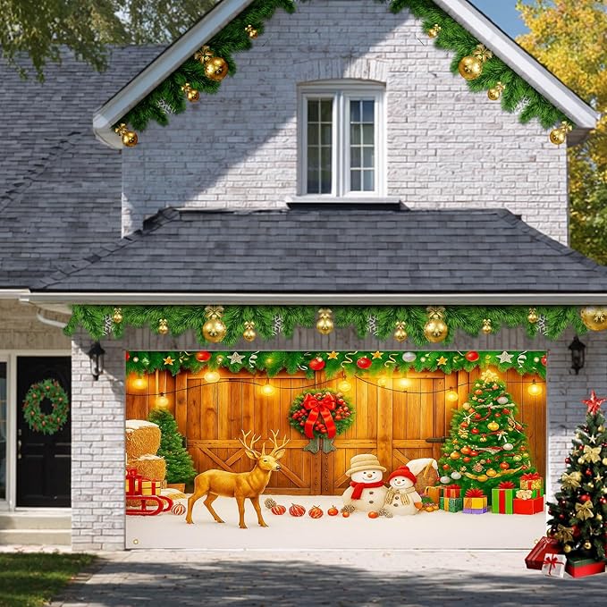 HOMETITUTE Christmas Garage Entryway Banner 13x6ft Rustic Wooden Entryway Scene with Reindeer Snowman Xmas Tree Gift Boxes Pinecones PumpkinsLights Outdoor Holiday Display Backdrop