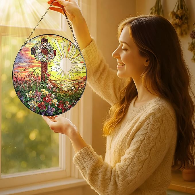 8'' Christ Cross Ornament, Stained Glass Window Hanging, Sun Catcher Window Decor, Religious Decor, Christian Gifts, Religious Gifts, Cross Gift, Gift for Christmas