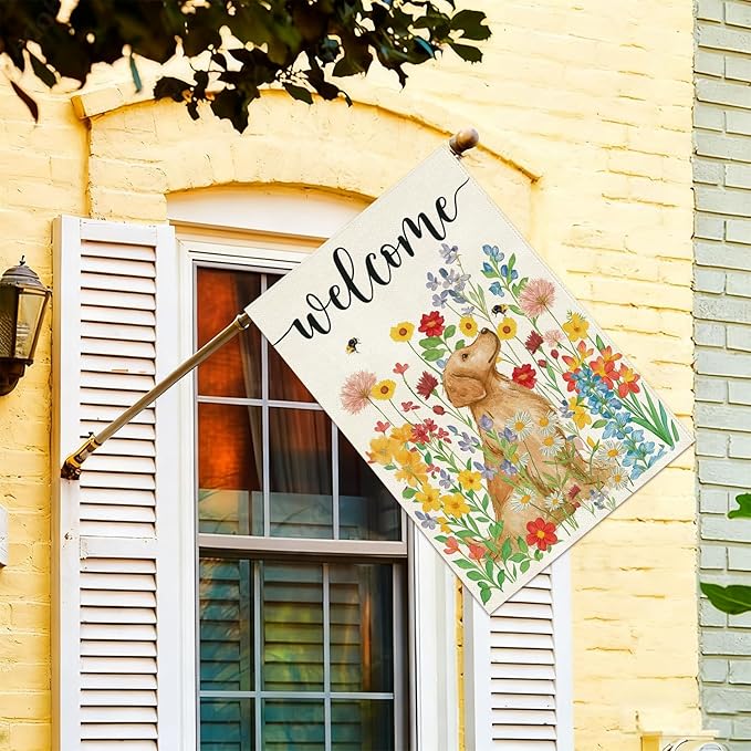 Baccessor Spring Summer Dog House Flag 28x40 Inch Double Sided Burlap, Floral Flowers Large Garden Flag Holiday Yard Porch Patio Farmhouse Outdoor Outside Decoration