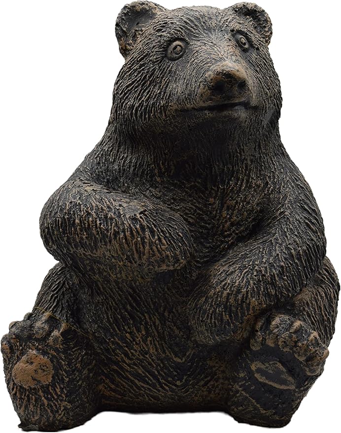 Sitting Bear Cub Stone Garden Statue 12in Tall Autumn Brown Color