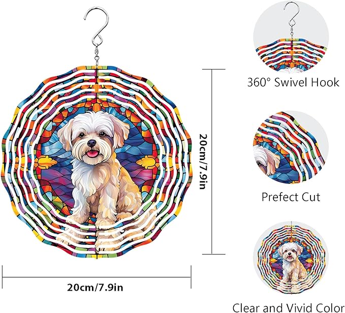 Maltese Dog Wind Spinner Pet Dog Memorial Gifts, Vibrant 3D Kinetic Aluminum Metal Yard Art, Loss of Dogs Sympathy Gifts, Hanging Outdoor Garden Decor, 8" Wind Sculptures for Patio, Porch (Maltese2)