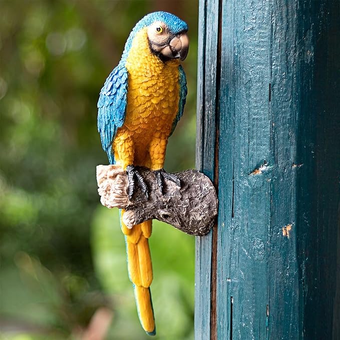 Hanging Parrot Statue Outdoor Decor for Garden, 13.6" Fairy Yard Wall Mount Figurines Home Tropical Parrot Sculptures for Lawn Patio Front Porch Backyard Fence (Blue)
