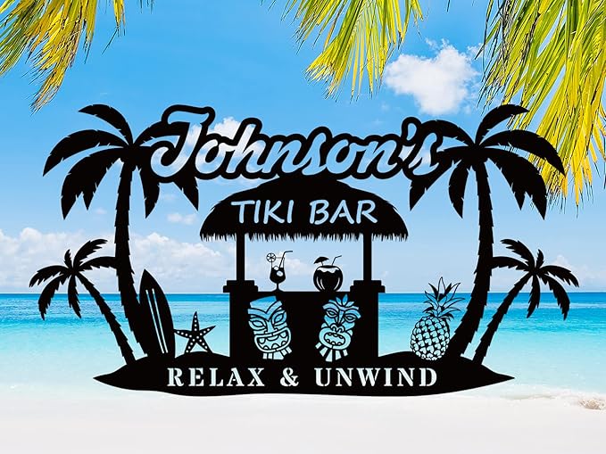 Custom Tiki Bar Sign, Personalized Metal for Backyard, Patio, Tiki Lounge, Beach, Swimming Pool, Party Metal Wall Decor, Rustic Round Engraved Signs Wall Hanging Sign