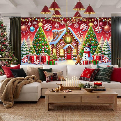 HOMETITUTE Christmas Garage Door Banner 13x6ft Gingerbread House Snowman Candy Cane Holiday Backdrop Winter Scene Indoor Outdoor Wall Hanging Seasonal Party Decorations Festive Porch Entry