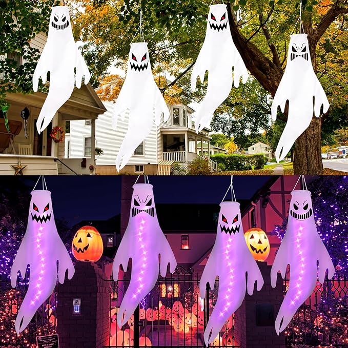Geefuun 4PCS Purple Halloween Fierce Ghost Windsocks Hanging Decorations - 43 Inch Flag Wind Socks for Home Yard Outdoor Decor Party Supplies (Batteries Not Included,No Timer)
