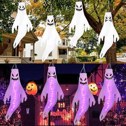 Geefuun 4PCS Purple Halloween Fierce Ghost Windsocks Hanging Decorations - 43 Inch Flag Wind Socks for Home Yard Outdoor Decor Party Supplies (Batteries Not Included,No Timer)