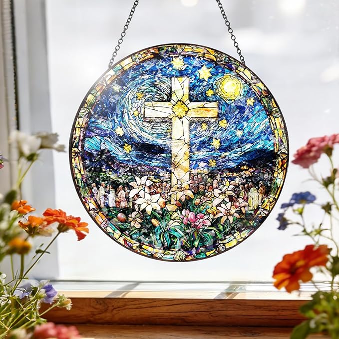 Christian Cross Stained Glass Hanging, 8 Inch Sun Catcher Outdoor Window Decor Religious Floral Glass Ornament with Chain for Easter Christmas Home, Mother's Day Christian Gifts