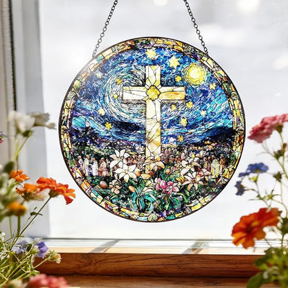 Christian Cross Stained Glass Hanging, 8 Inch Sun Catcher Outdoor Window Decor Religious Floral Glass Ornament with Chain for Easter Christmas Home, Mother's Day Christian Gifts