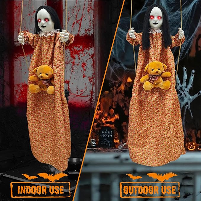 Outdoor Hanging Swinging Girl Halloween Decorations,Lighted Creepy Doll Halloween Dolls Scary Props for Garden Yard Lawn and Haunted House Decorations