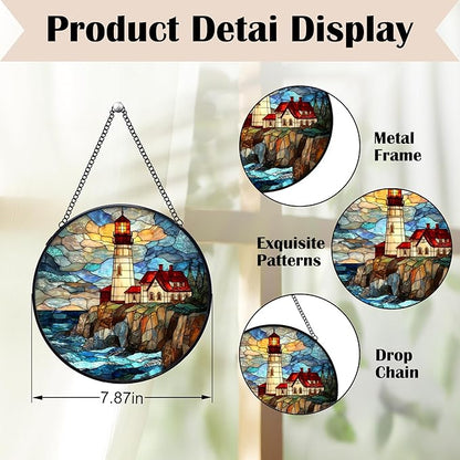 Lighthouse Stained Glass Window Hanging Suncatchers, Coastal Beach Lighthouse Sun Catchers Indoor Window Glass Wall Art Decor, Nautical Ocean Wall Hanging Decorations Sculptures, 7.9x7.9in