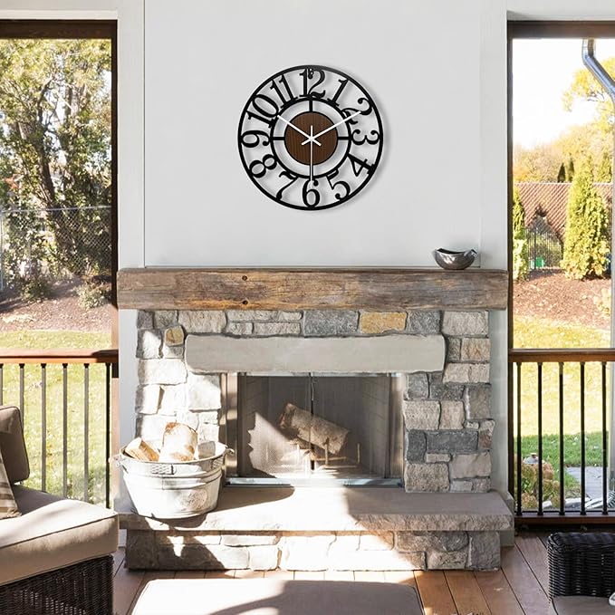 Large Outdoor Clock Silent Battery Operated - Wooden & Black Metal Decorative Clock for Outdoor Covered Patio, Pool Area, Vintage Farmhouse Wall Clock for Living Room/Kitchen/Bedroom - 16 Inch