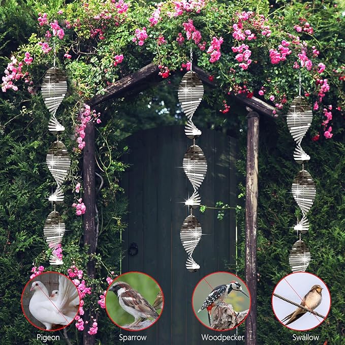 9Pcs Bird Scare Discs,3 Set Reflective Hanging Wind Spinners Outdoor 22in Metal Bird Reflectors for Outside Garden Decor Lightweight Hanging Bird Devices to Scare Birds Away from Yard