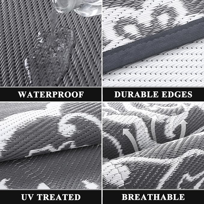 Pauwer Waterproof Outdoor Rug 6x9, Reversible Plastic Straw Patio Camping Rug, Indoor Outdoor RV Mat Carpet for Deck, Camper, Porch, Balcony, Backyard, Picnic, Boho Grey