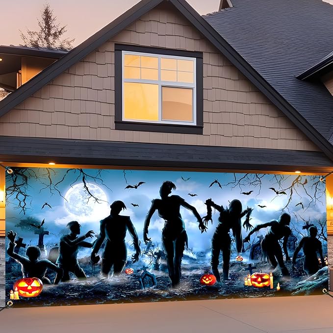 Panelee Halloween Garage Door Decoration 7x16ft Large Horror Backdrop Banner Horror Halloween Garage Door Cover with Bat Cemetery for Home Yard Scary Theme Party Outdoor Wall Decoration (Mummy)