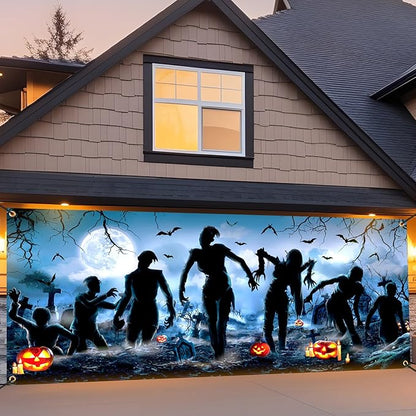 Panelee Halloween Garage Door Decoration 7x16ft Large Horror Backdrop Banner Horror Halloween Garage Door Cover with Bat Cemetery for Home Yard Scary Theme Party Outdoor Wall Decoration (Mummy)