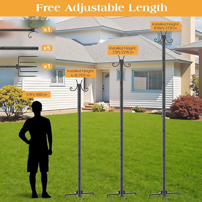 StarryEver 4 Pack String Light Poles, Metal Lights Hanging Pole with 2 Hooks and Rustproof, for Yard Patio Decor, Camping, Sun Shades Outdoor, Outside Decor