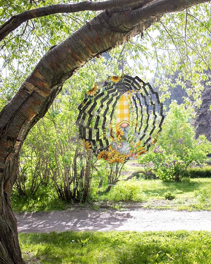 Gnomes Black Wind Spinners Outdoor Inoor,Decorative Hanging Sunflower Ornaments for Yard Patio Garden,Yellow Sunflower Floral Bee Summer Spring Stainless Steel Metal Wind Sculpture Suspension Trim,12"