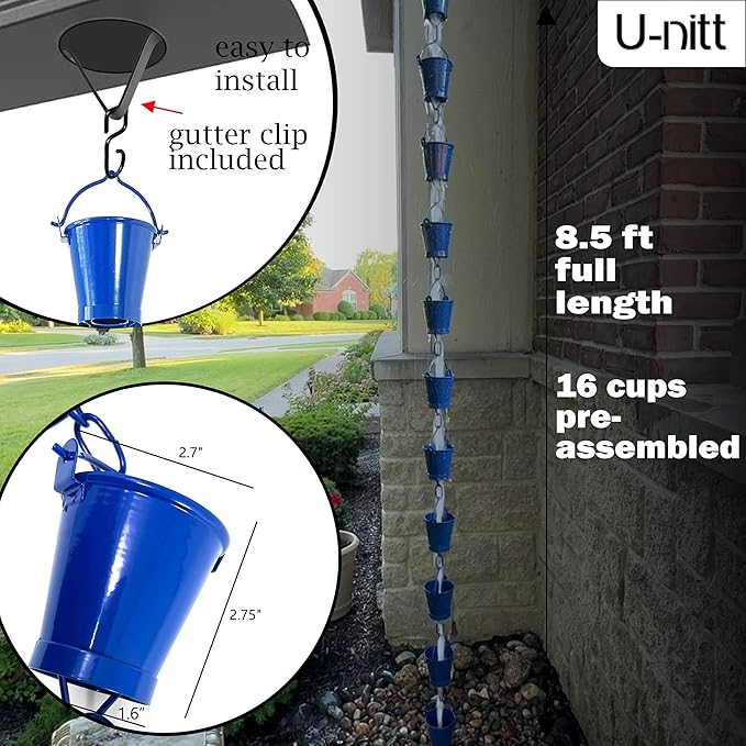 U-nitt Rain Chain Water Collection for Gutters Rainwater Catcher & Diverter, 8.5 FT Chains for Outside Garden, Blue Bucket Cups, Roof Downspout, Works with Heavy Rain, w/Gutter Clip for Rainchains