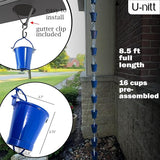 U-nitt Rain Chain Water Collection for Gutters Rainwater Catcher & Diverter, 8.5 FT Chains for Outside Garden, Blue Bucket Cups, Roof Downspout, Works with Heavy Rain, w/Gutter Clip for Rainchains